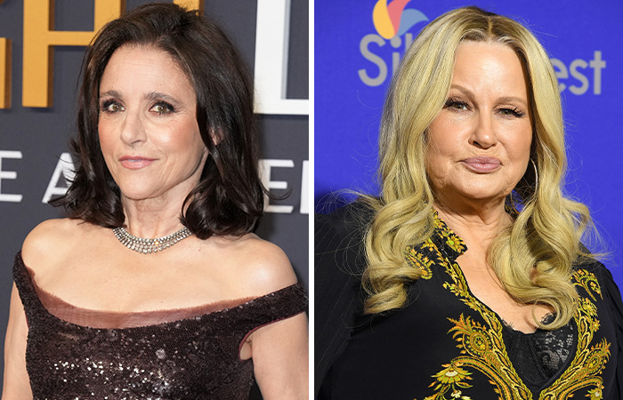 Julia Louis-Dreyfus and Jennifer Coolidge at different events, wearing elegant outfits.