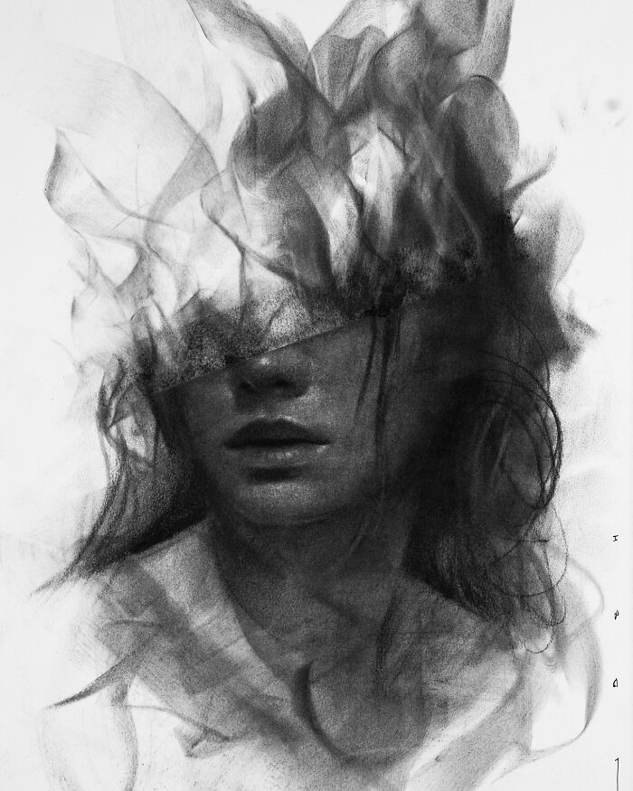 Charcoal portrait of a person with abstract, flowing elements obscuring their eyes, showcasing Josh Hernandez's artistry.