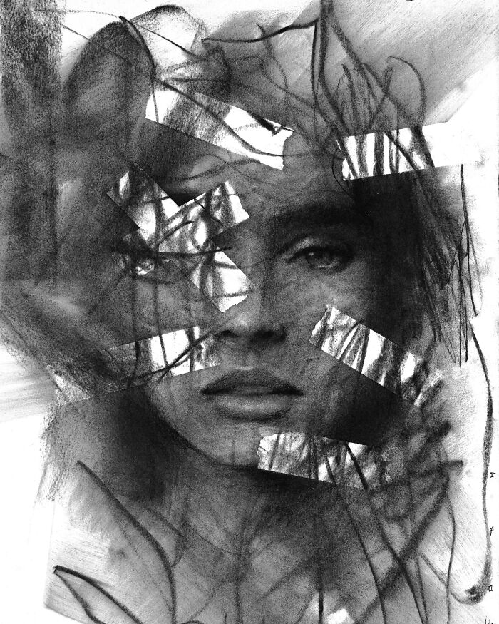 Charcoal portrait by Josh Hernandez, featuring intricate overlapping lines and subtle shading.