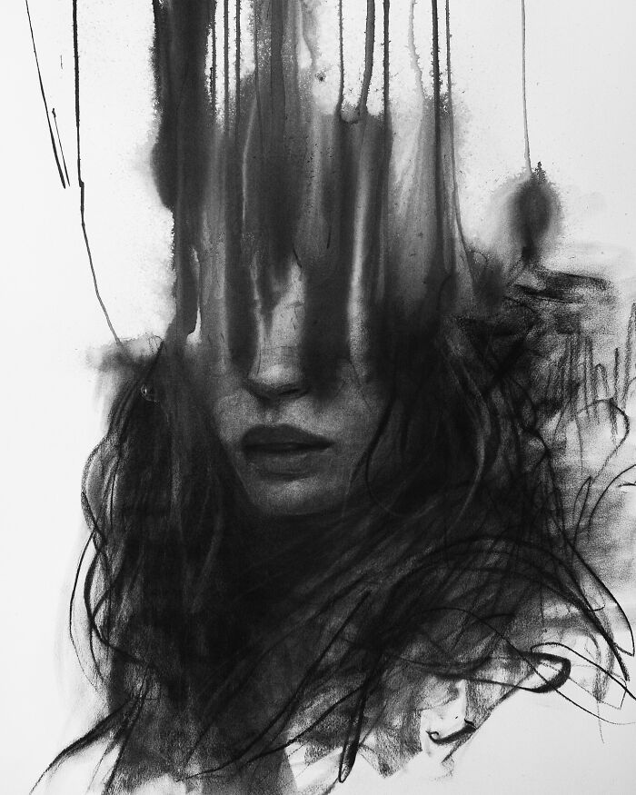 Charcoal portrait by Josh Hernandez, with abstract drips and moody texture, showcasing a striking artistic style.