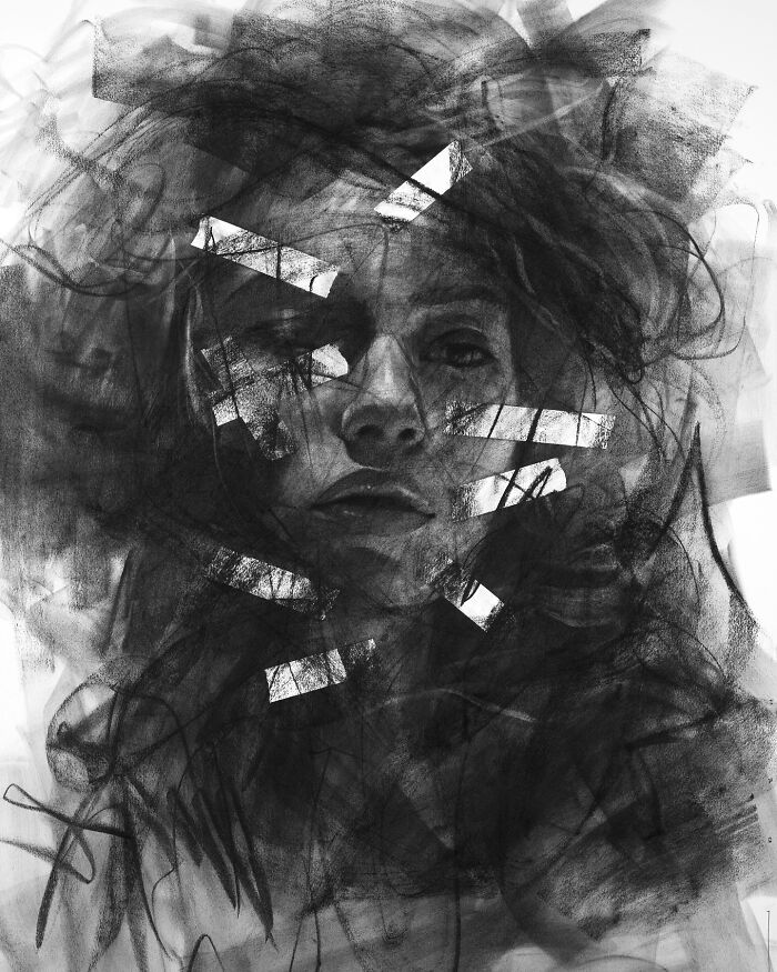 Charcoal portrait by Josh Hernandez, showcasing layered textures and striking contrasts in abstract elements.