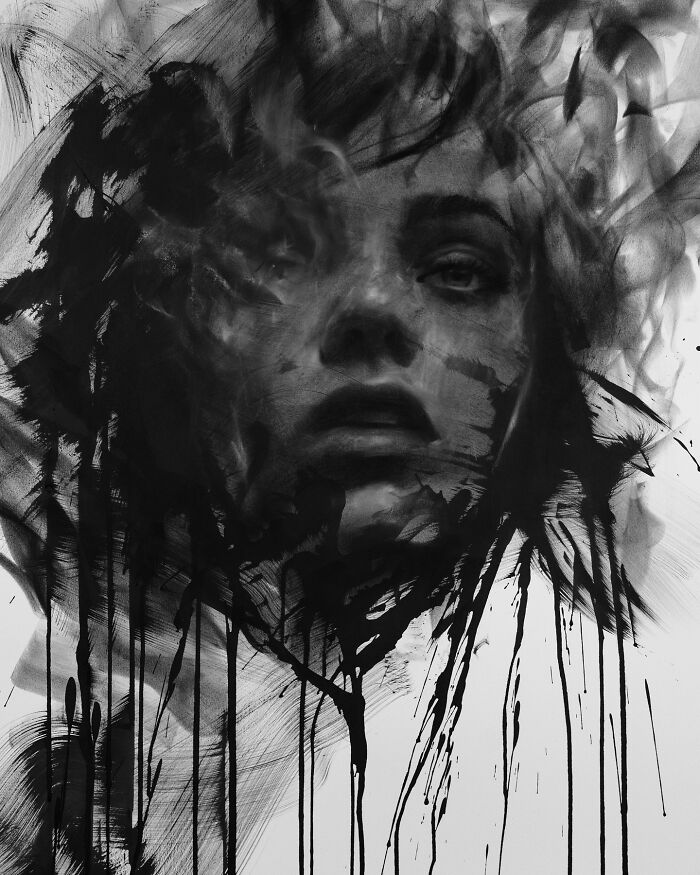 Charcoal portrait with abstract strokes creating a striking image by artist Josh Hernandez.