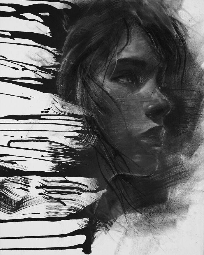 Charcoal portrait by Josh Hernandez features a striking side profile with abstract detailing.