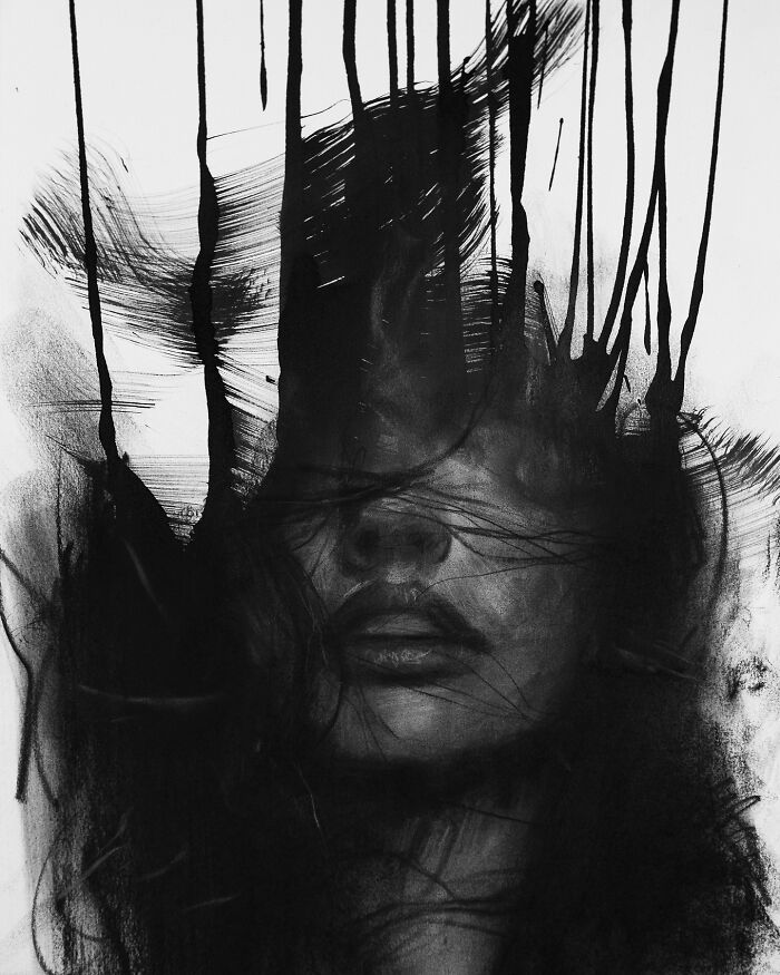 Charcoal portrait by Josh Hernandez, depicting an abstract face with flowing black lines.