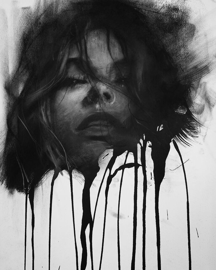 Charcoal portrait by artist Josh Hernandez, depicting an expressive face with flowing lines.