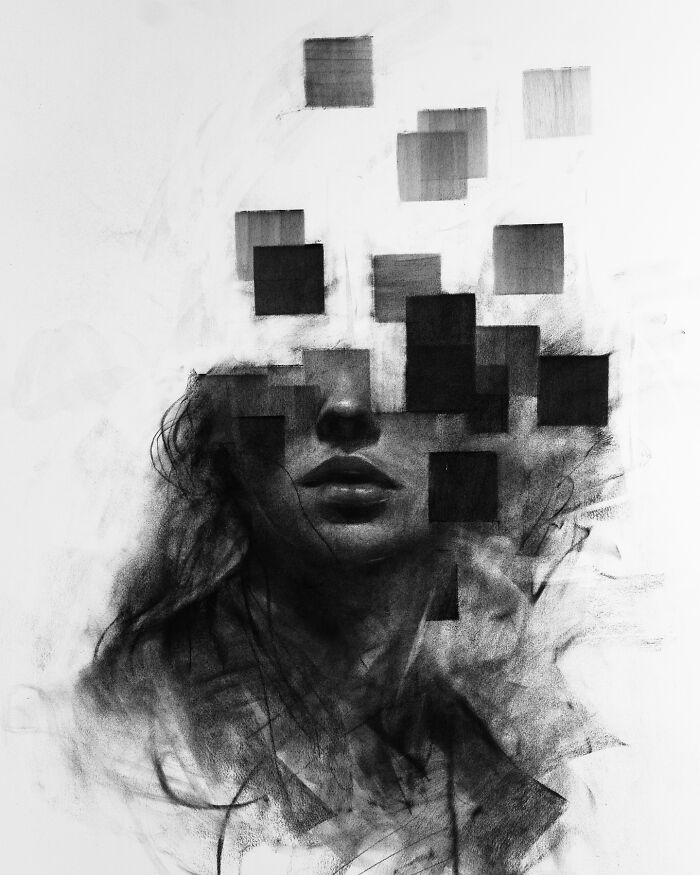 Charcoal portrait with pixelated design elements, created by artist Josh Hernandez.