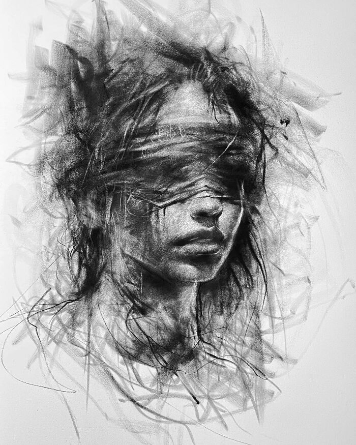 Charcoal portrait by Josh Hernandez, featuring abstract lines and a partially obscured face in striking detail.