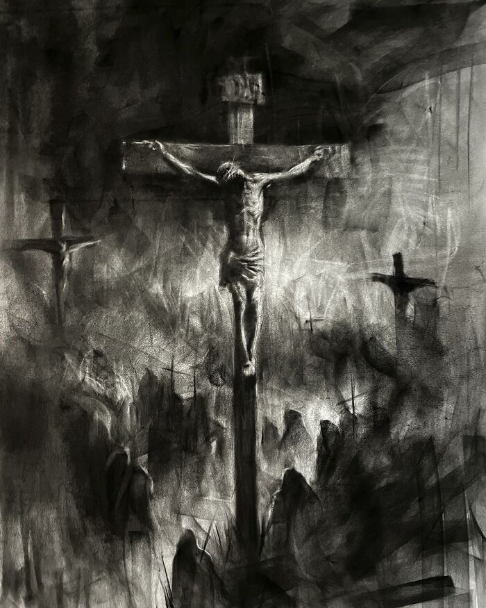 Charcoal portrait by Josh Hernandez depicting a dramatic crucifixion scene with expressive shading and intense detail.