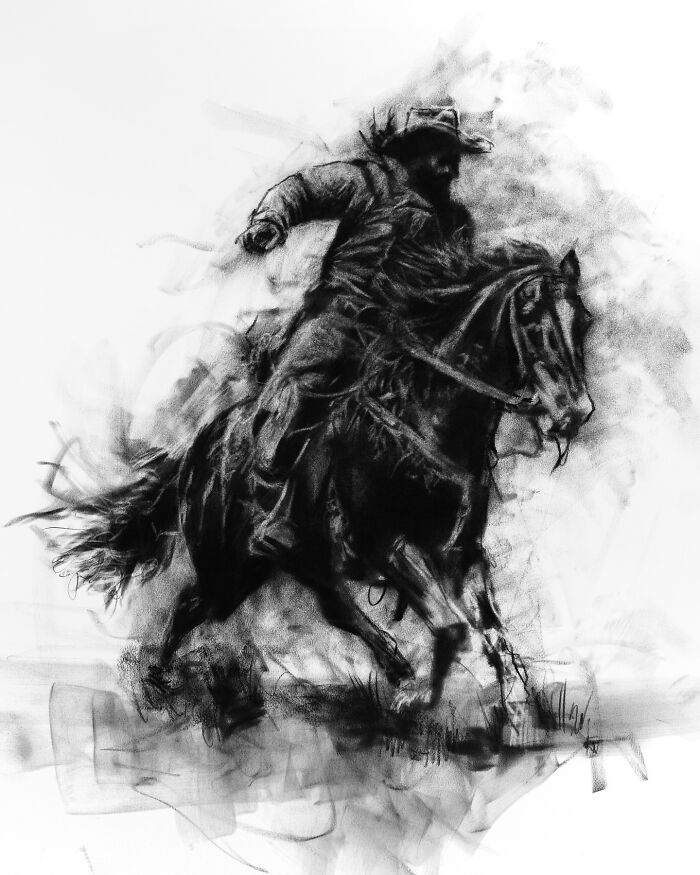 Charcoal portrait of a person riding a galloping horse, showcasing dynamic artistry by Josh Hernandez.