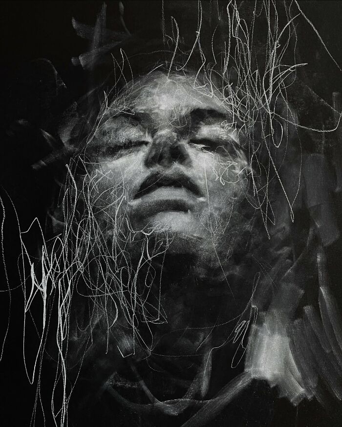 Charcoal portrait by artist Josh Hernandez, featuring abstract linework over a serene face.
