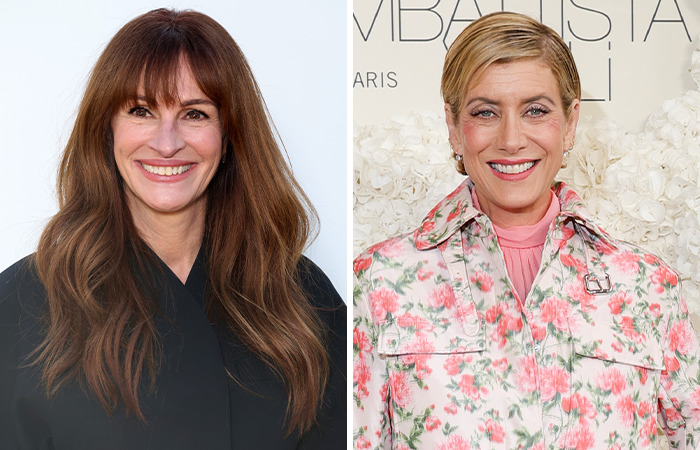Julia Roberts and Kate Walsh smiling, showcasing the same age in contrasting outfits.