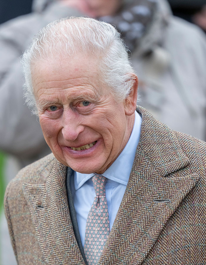 King Charles in a checkered coat and tie, outdoors, amid royal crisis discussions.