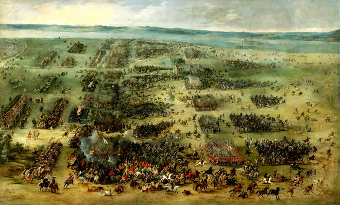 Historic battle illustration depicting surprising war victories with diverse troop formations on an expansive battlefield.