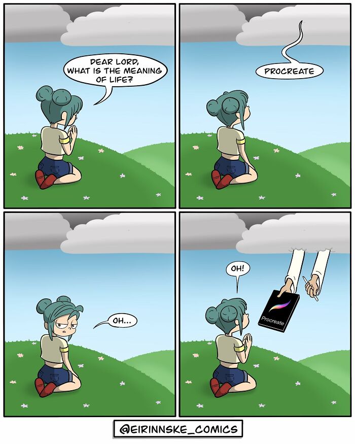 Goofy comic with unexpected twist showing a woman asking about life’s meaning and receiving the Procreate app.
