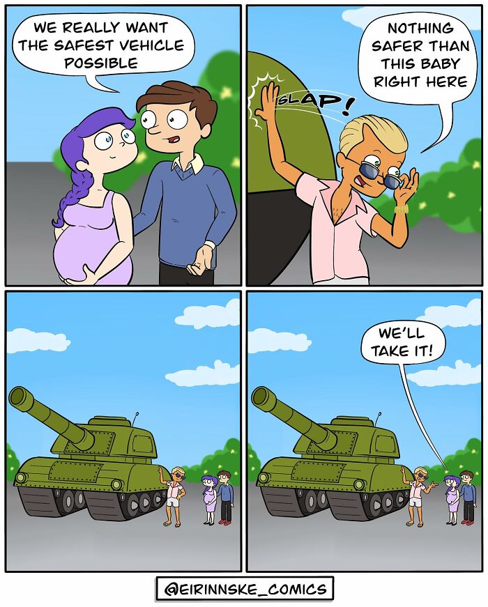 Couple discussing safest vehicle, choosing a humorous giant tank in a goofy comic with unexpected twist by Eirinn Ske.
