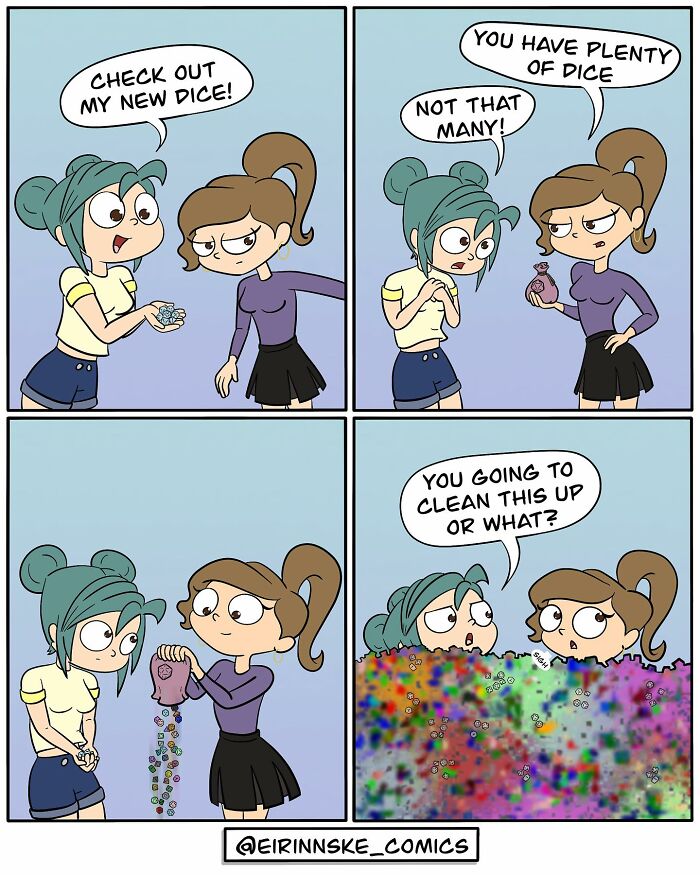 Two women in a goofy comic with an unexpected twist involving a huge spill of colorful dice from a small bag.