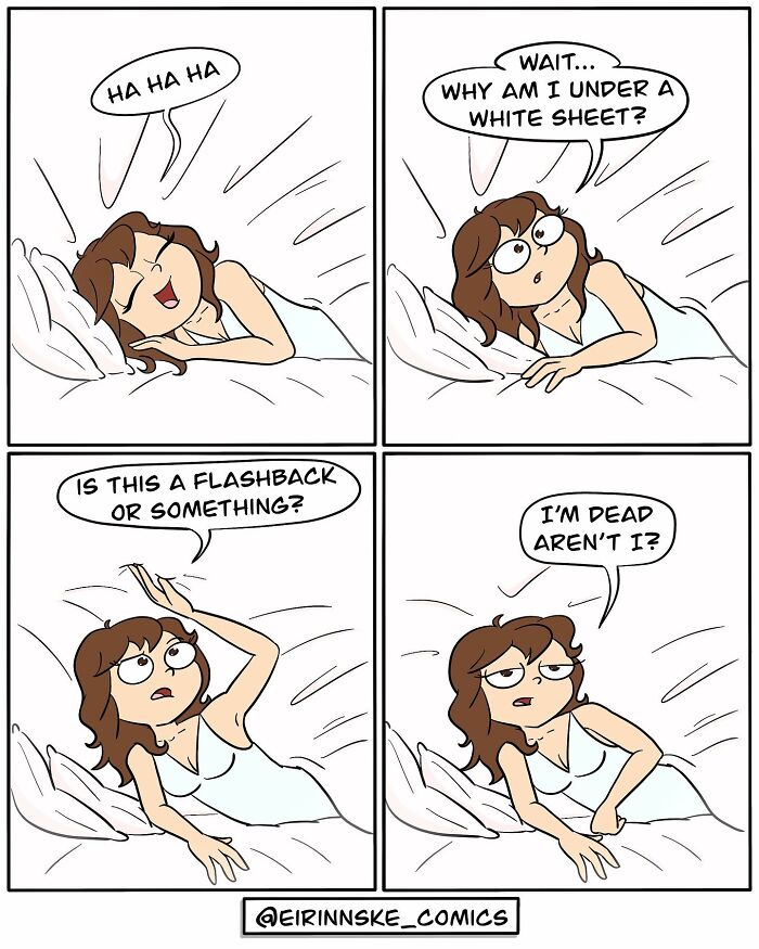 Woman in a comic panel waking up confused under a white sheet, featuring goofy comics with unexpected twists.