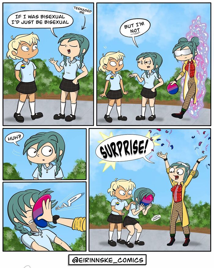 Two girls in school uniforms talk as one transforms through a magical portal in a goofy comics with unexpected twists style.