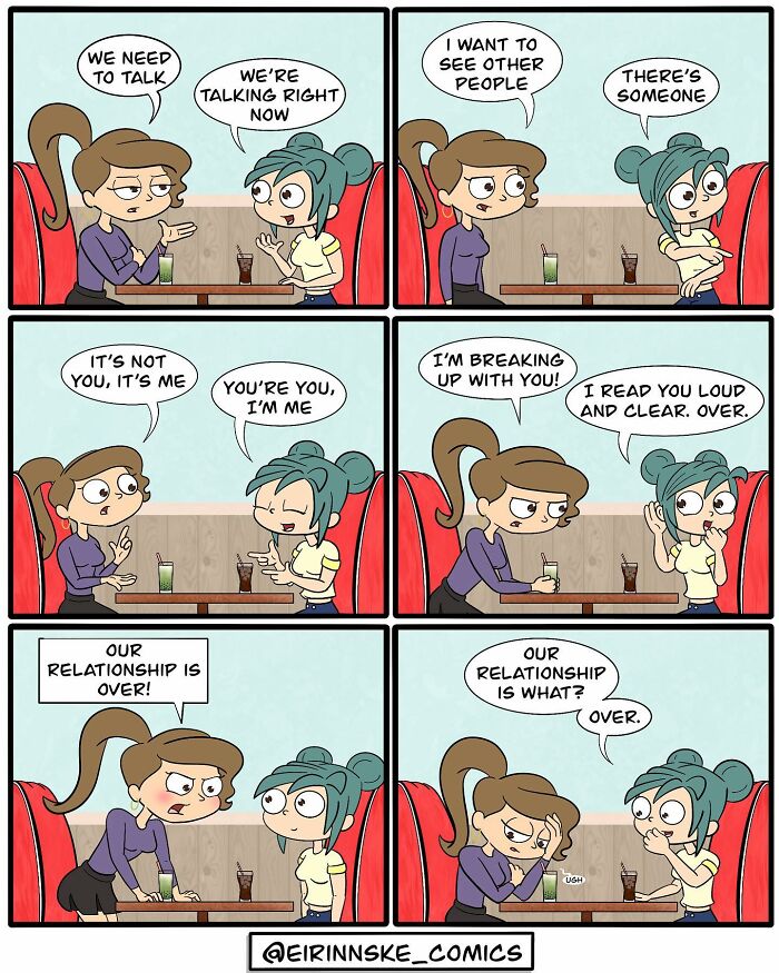 Comic strip shows a humorous conversation with unexpected twists between two characters in a cafe setting.