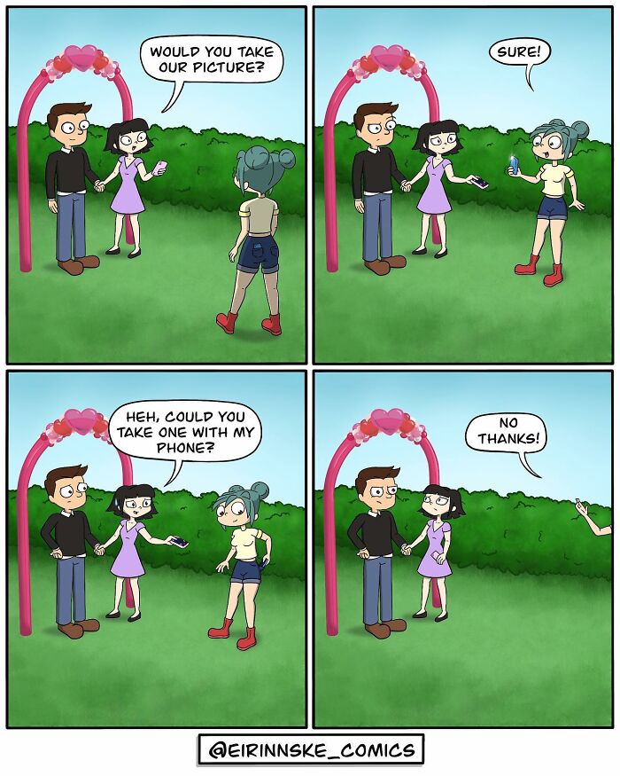 Couple asks a girl to take their picture in a goofy comic with unexpected twists by Eirinn Ske.