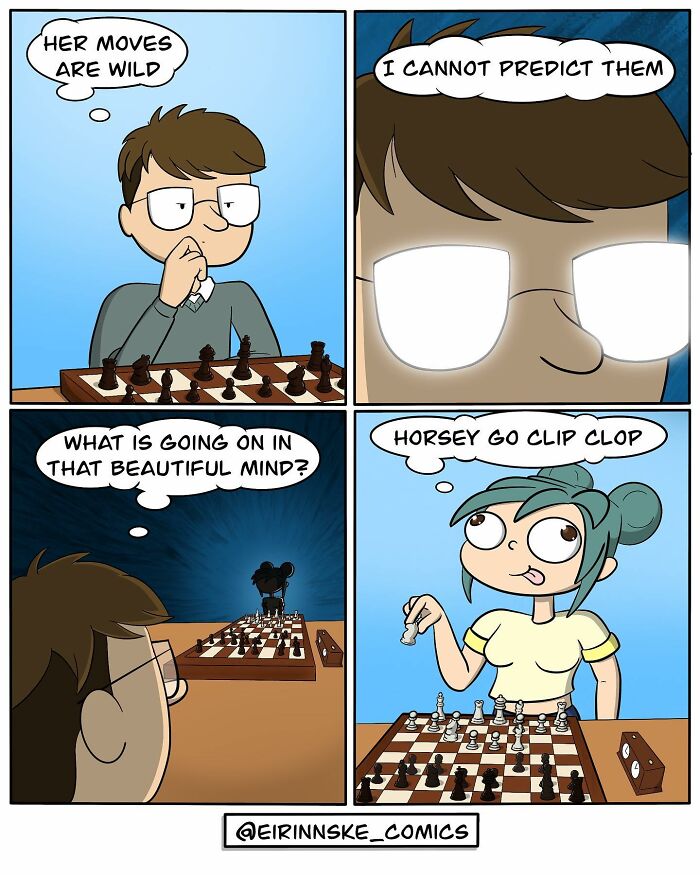 Comic strip showing goofy chess game with unexpected twists and humorous dialogue by Eirinn Ske.