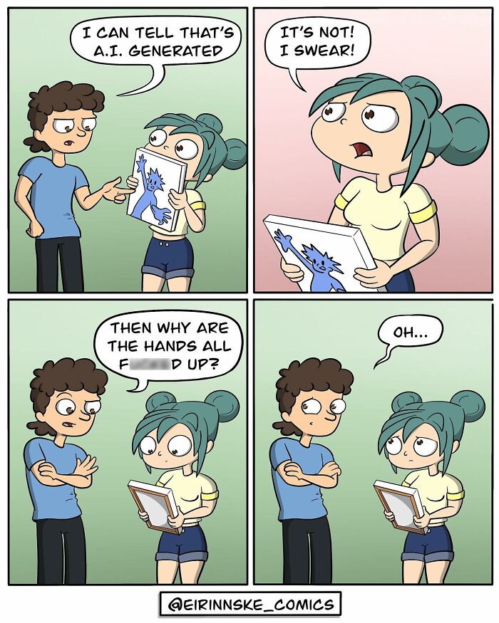 Two characters in a comic discussing AI-generated art, highlighting its flaws.