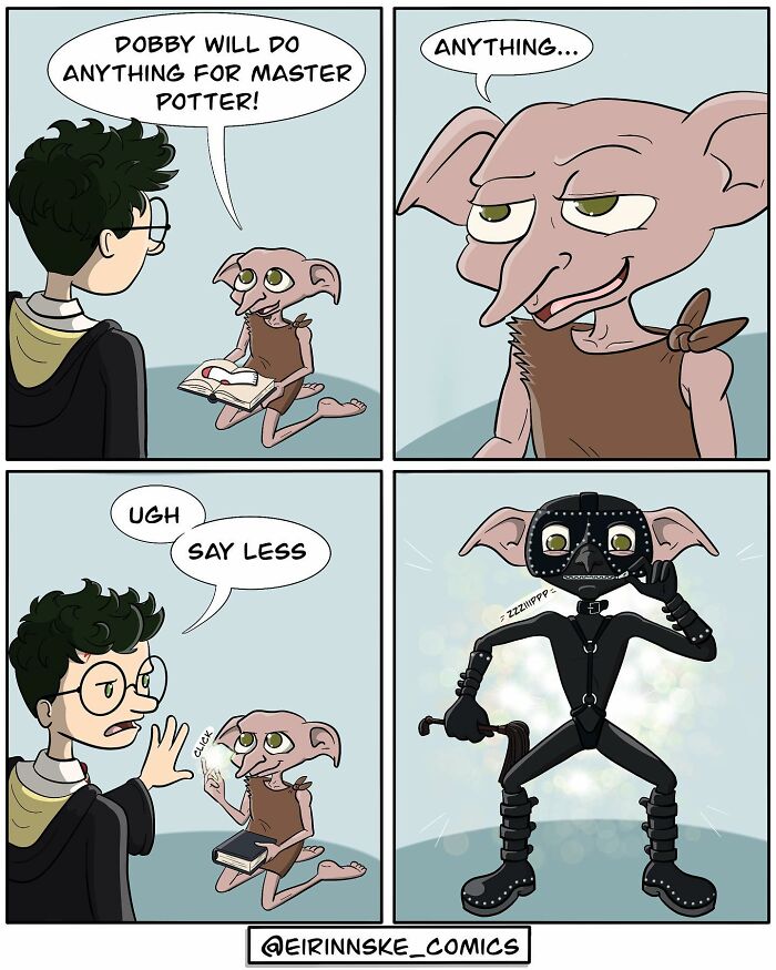 Comic by Eirinn Ske with a character in an unexpected twist, humorous transformation shown in four panels.