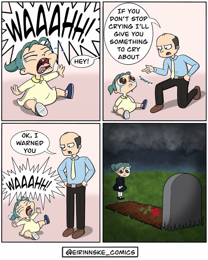 Goofy comic panels showing a crying child, a stern man warning her, and a twist with the child at a grave.