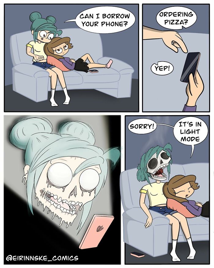 A goofy comic with an unexpected twist showing a character turning into a skeleton due to phone light mode.