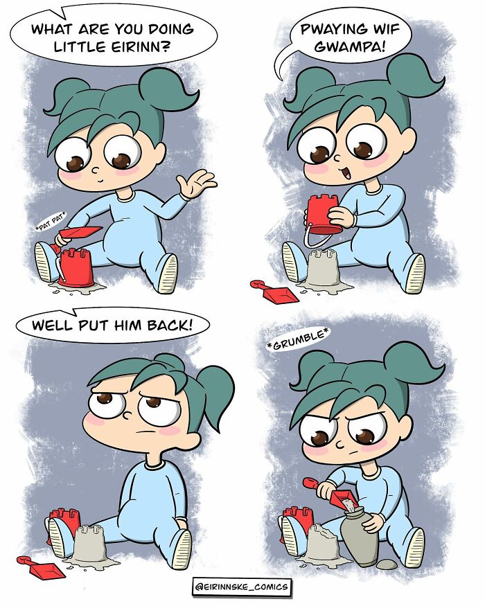 A goofy comic strip by Eirinn Ske featuring a child playing with sand toys and adding an unexpected twist.