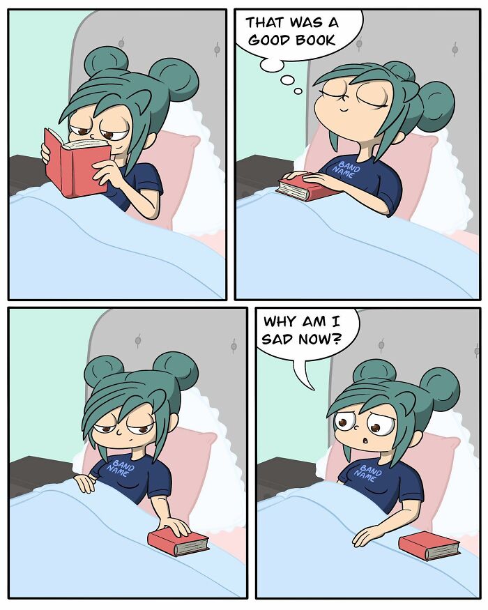 Comic strip of a girl with teal hair in bed, reading a book then feeling sad, illustrating goofy comics with unexpected twists.