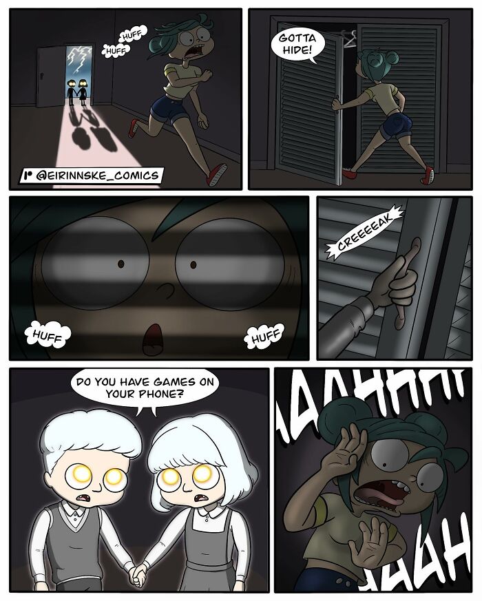 Woman running and hiding in a dark hallway in a goofy comic with unexpected twists by Eirinn Ske.