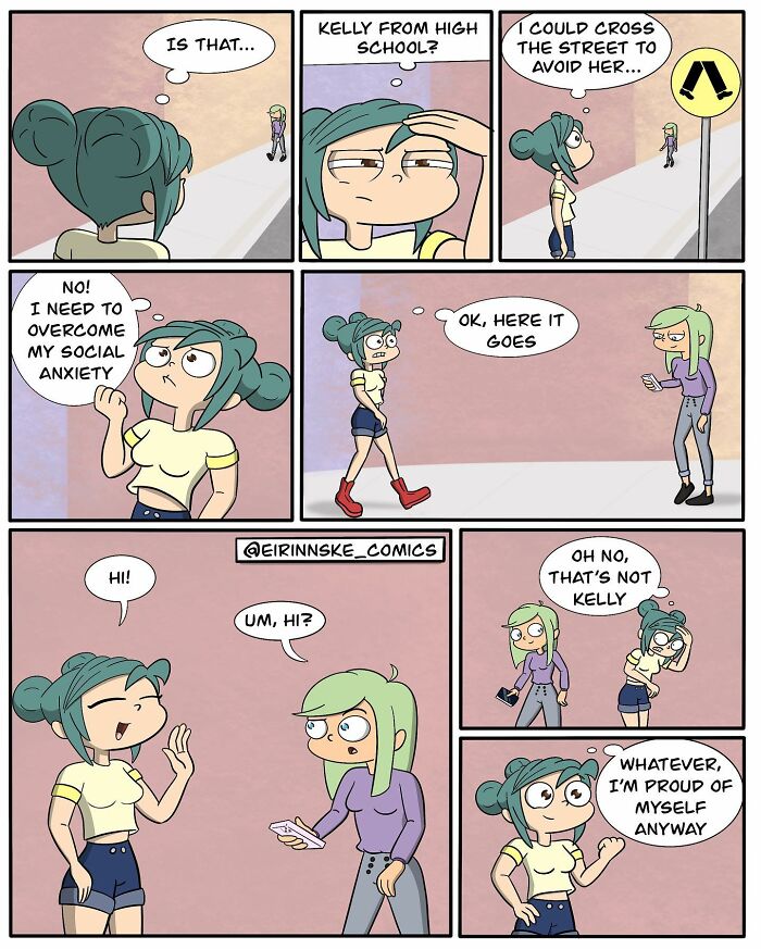 Comic strip showing a goofy character overcoming social anxiety with an unexpected twist by Eirinn Ske comics.