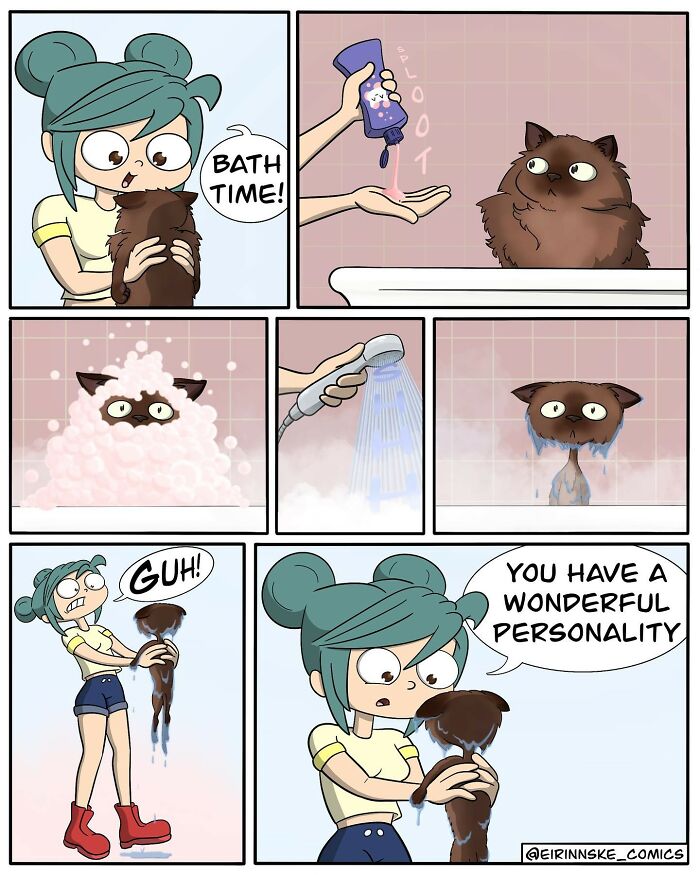 Goofy comic showing a girl trying to bathe a cat with unexpected funny twist in a lighthearted cartoon style.