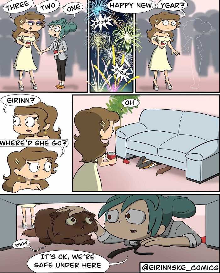 Goofy comics showing a New Year's party twist with characters hiding under a couch during fireworks celebration.