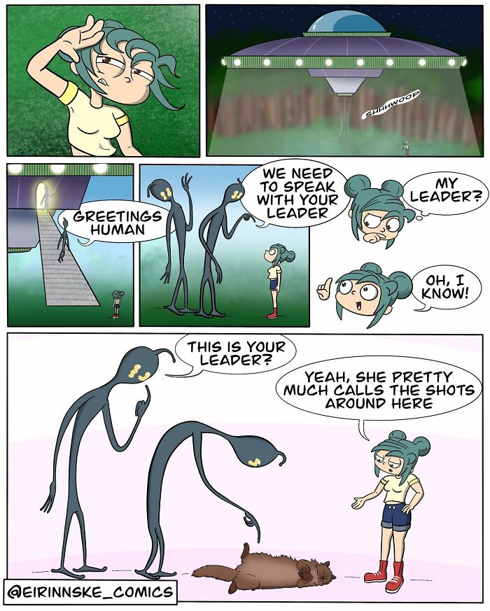 Comic panel from goofy comics with unexpected twists showing a woman, aliens, and a relaxed cat as the leader in a humorous scene.