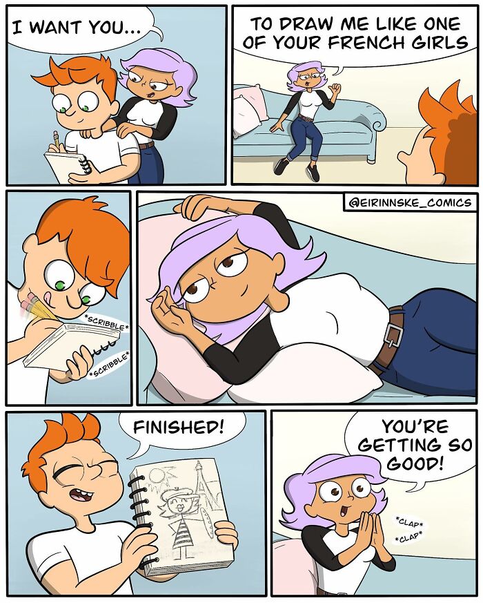 Goofy comic showing a boy drawing a girl posing like a French girl with an unexpected twist in the sketch.