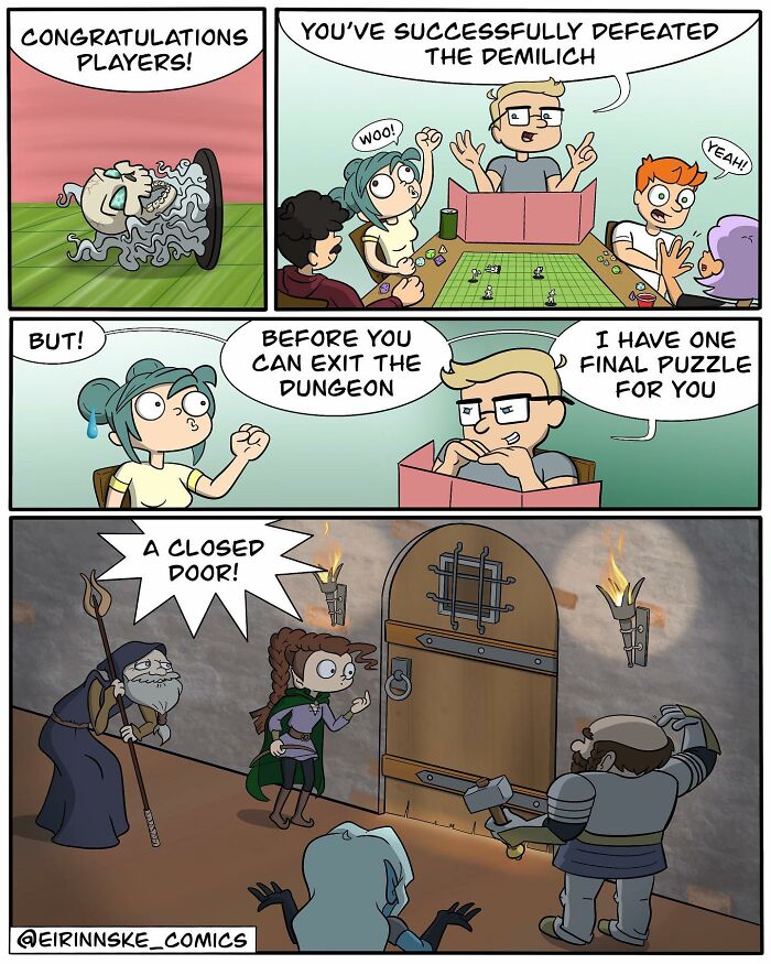 Players celebrating defeating a demon in a dungeon game with a final puzzle twist in a goofy comic style.