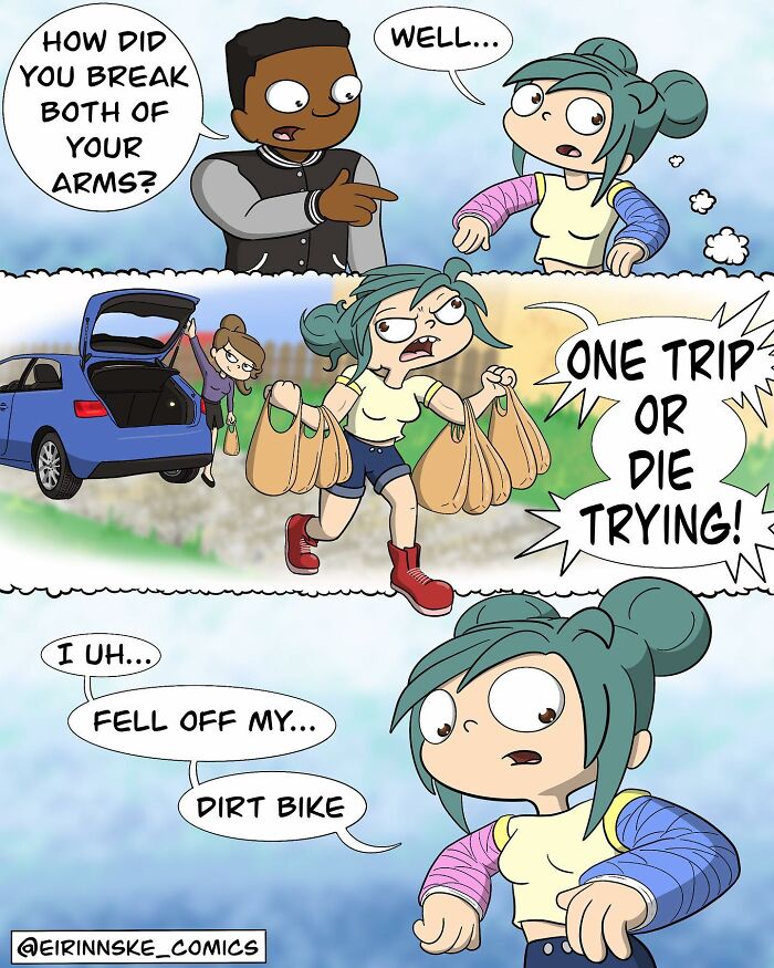 Goofy comic showing a girl with broken arms humorously explaining how she got injured with an unexpected twist.