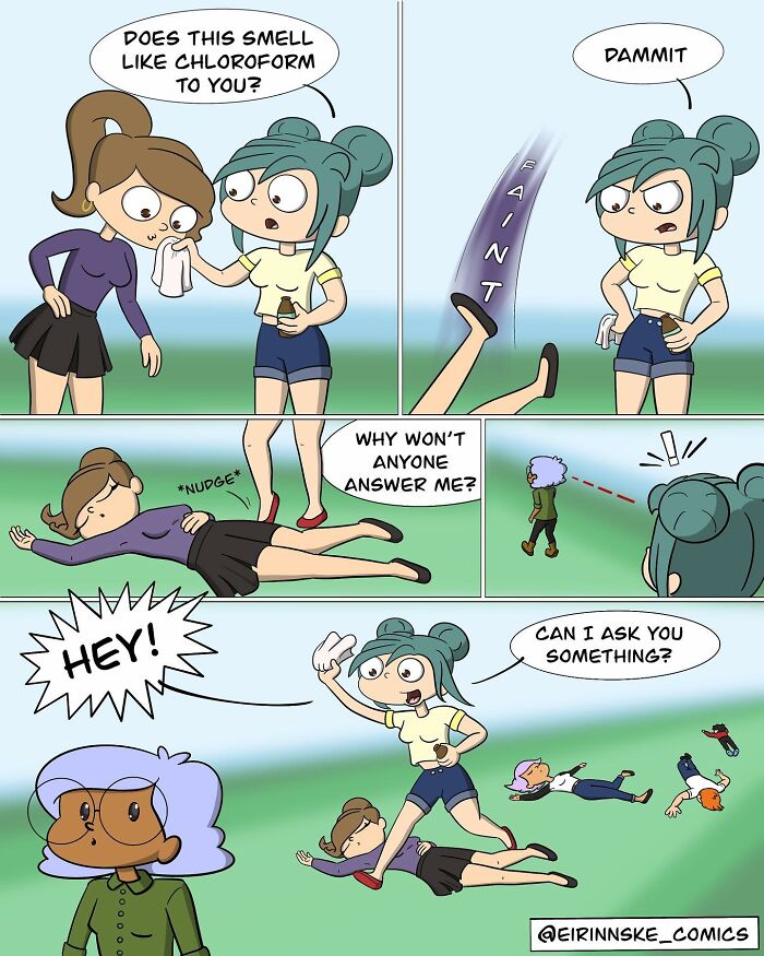 Comic strip showing goofy characters with unexpected twists involving fainting and confusion in a humorous comic style.