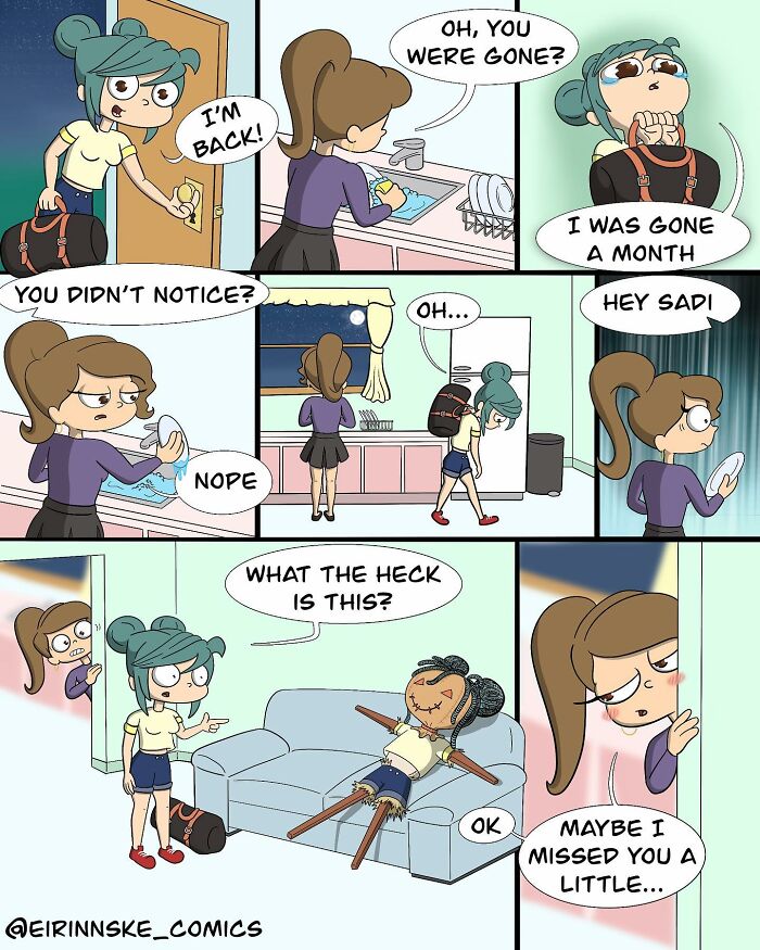 Goofy comic showing a surprise twist with a doll on a couch in a humorous unexpected scene.