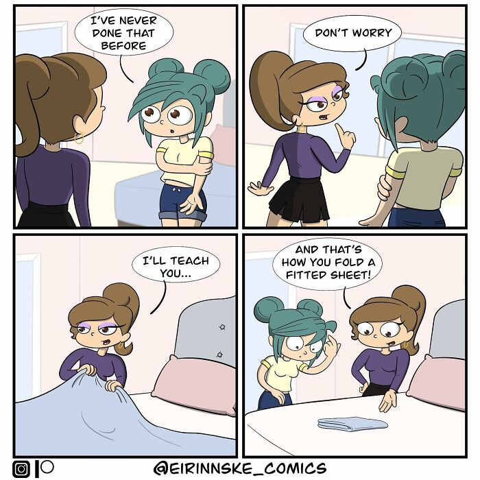 Two women in a goofy comic with unexpected twists, one teaching the other how to fold a fitted sheet.