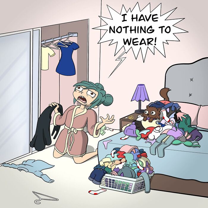 Woman in a cluttered room with piles of clothes and a cat, featured in goofy comics with unexpected twists.