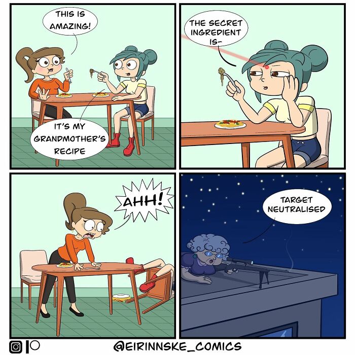 Goofy comic strip with an unexpected twist featuring two women and a secret ingredient recipe humor.