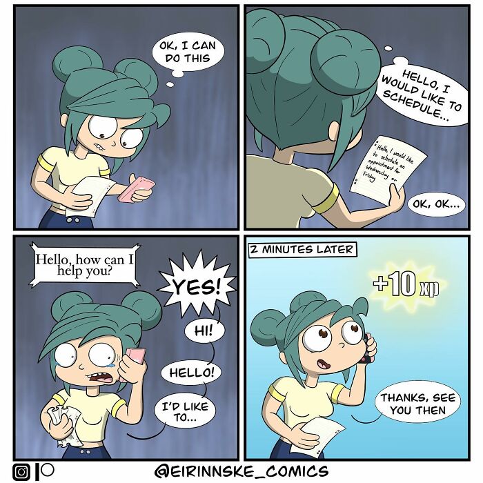 Comic strip showing a girl gaining confidence with a phone call in a goofy comic with unexpected twists by Eirinn Ske.