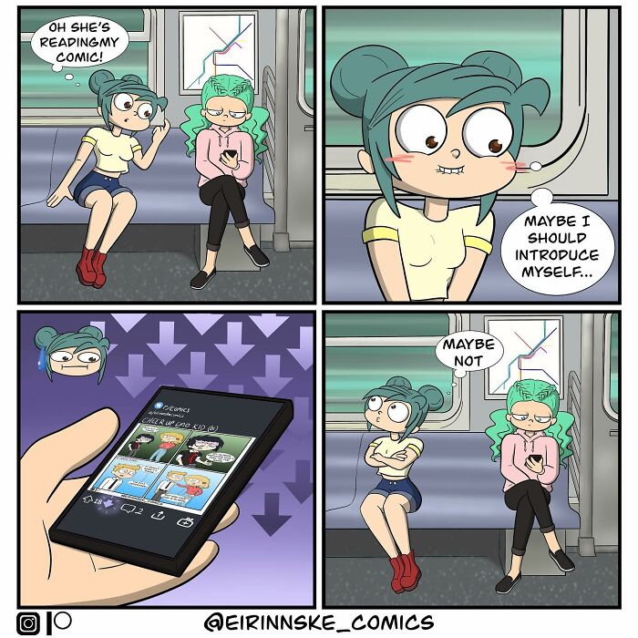 Goofy comic panels showing a girl on the subway with unexpected twists and quirky character interactions.