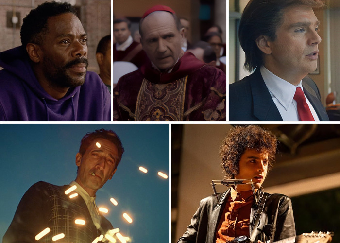 Actors in scenes from potential Oscar-winning films of 2025, showcasing diverse roles and dramatic performances.