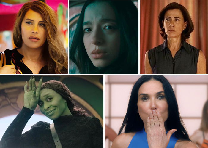 Oscar winners prediction 2025: Five diverse actors from various movie scenes, showing emotional expressions.