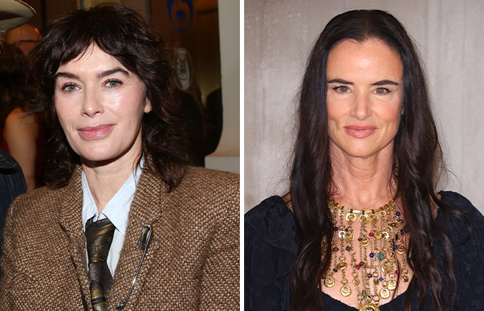Lena Headey and Juliette Lewis side by side, showcasing similar ages in stylish outfits and jewelry.