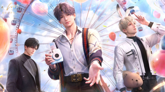 Anime characters at a fairground with balloons and a Ferris wheel, linked to a controversial period tracker in a mobile game.